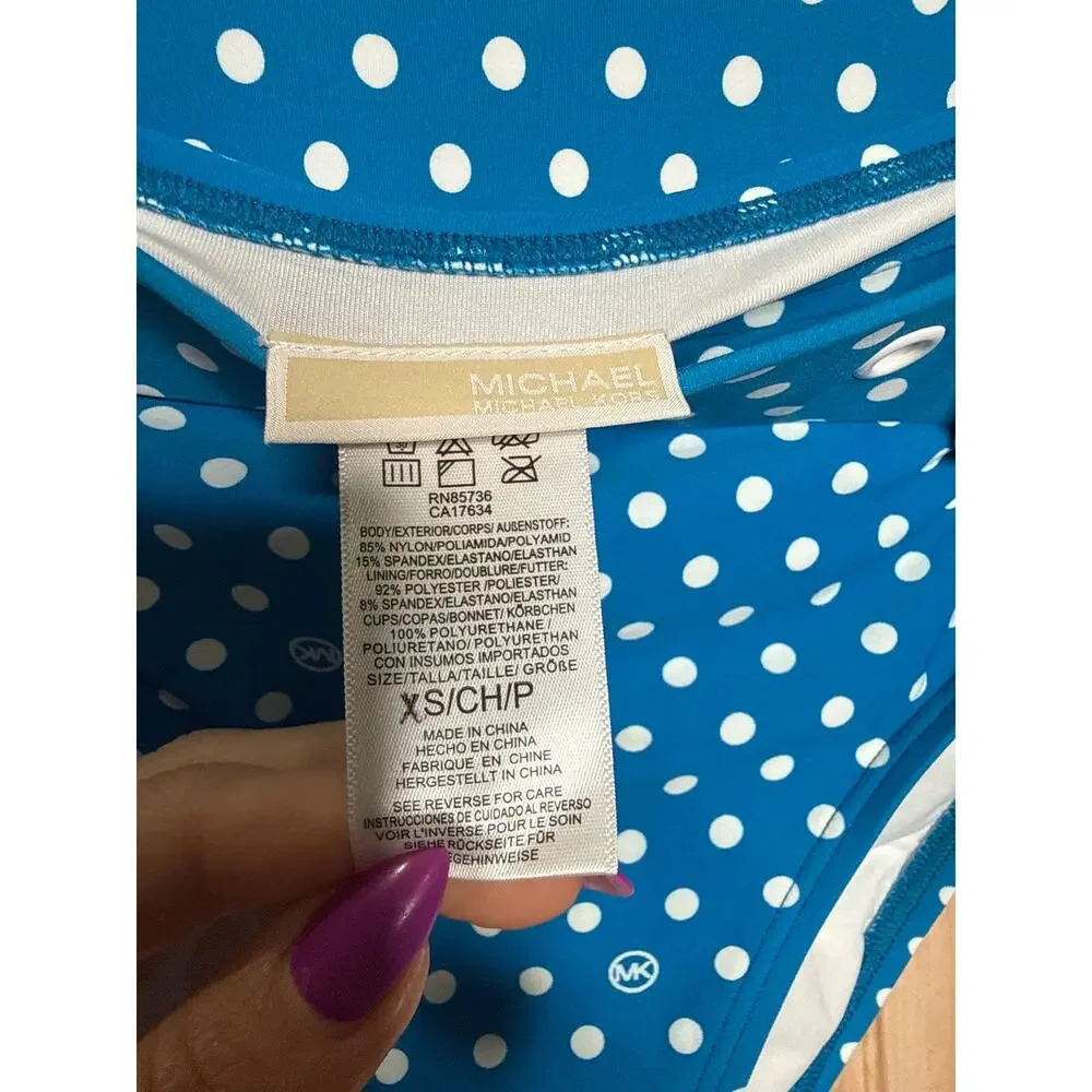 NWT Michael Kors Swim Bikini Bottoms Blue Polka Dot High-Waist Belted Size XS